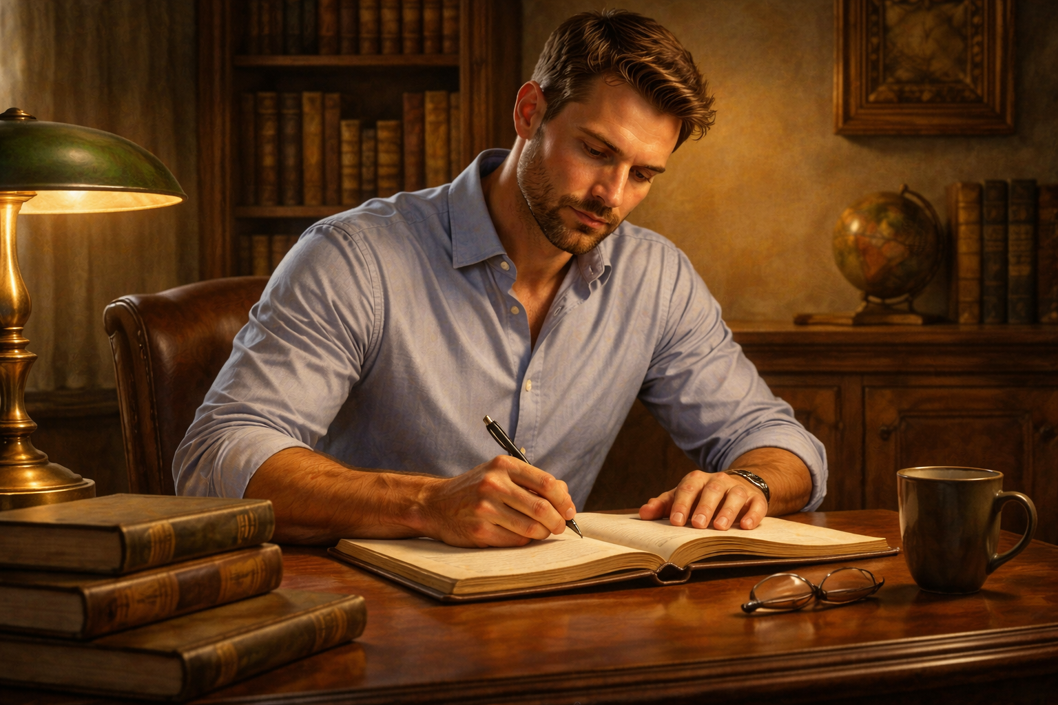 A father writing at his desk by lamplight