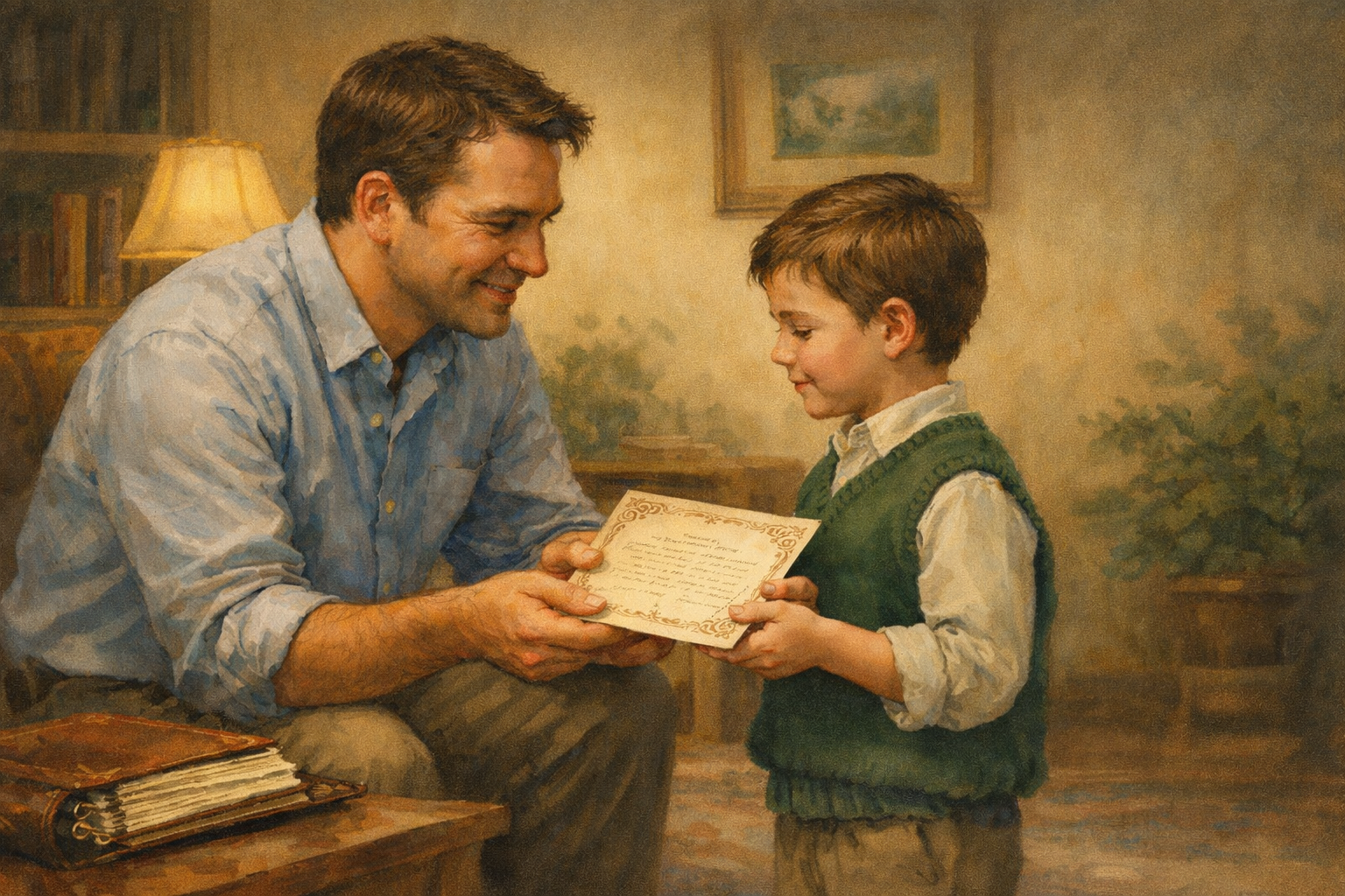 A father giving his son a letter