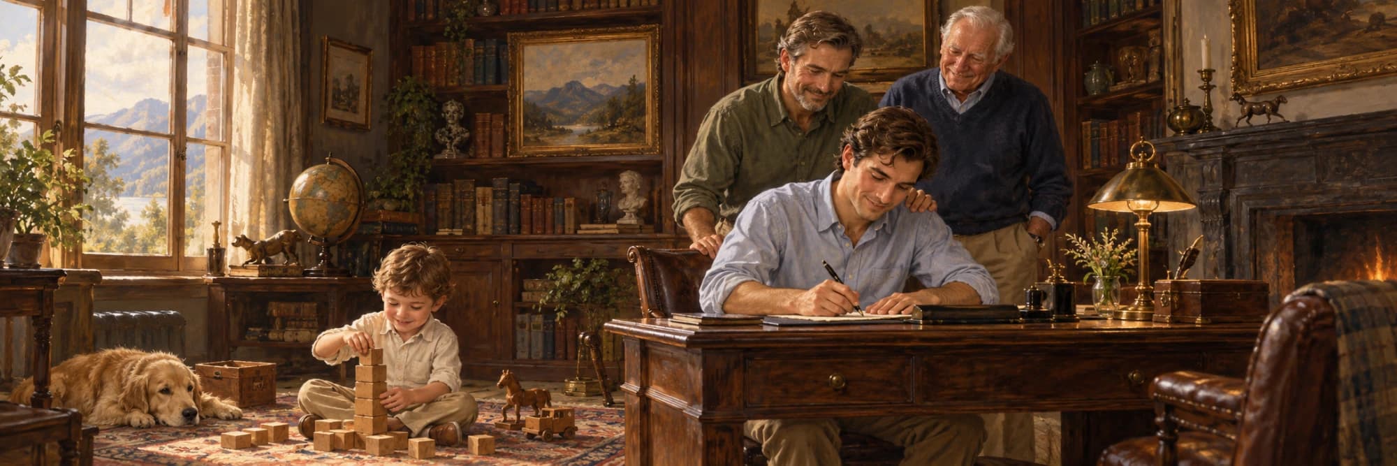 A young father writes a letter at his desk while his father and grandfather look on, and his small son builds a tower of blocks on the rug nearby