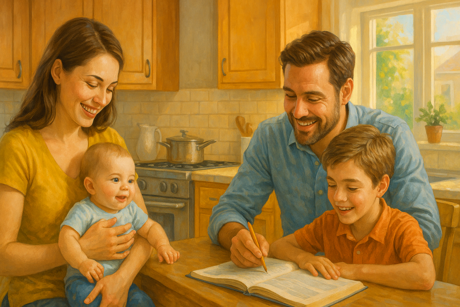 A family reading together in their kitchen